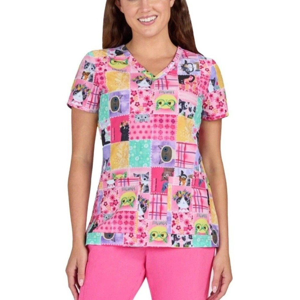 Koi Scrub Top Planet Cat Sour Puss Womens XL Pink Cats Artist Series Nurse